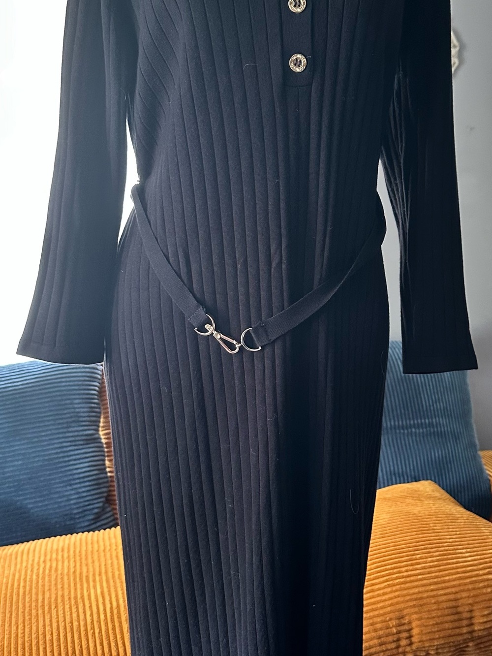 Calvin Klein Black Ribbed Knit Long Sleeve Dress with Belt Hardware